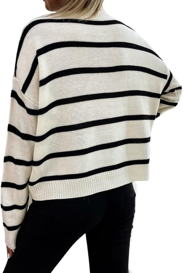 Women Autumn Winter Sweaters Round Neck Black And White Striped College Sweater Pullover | Amazon (US)