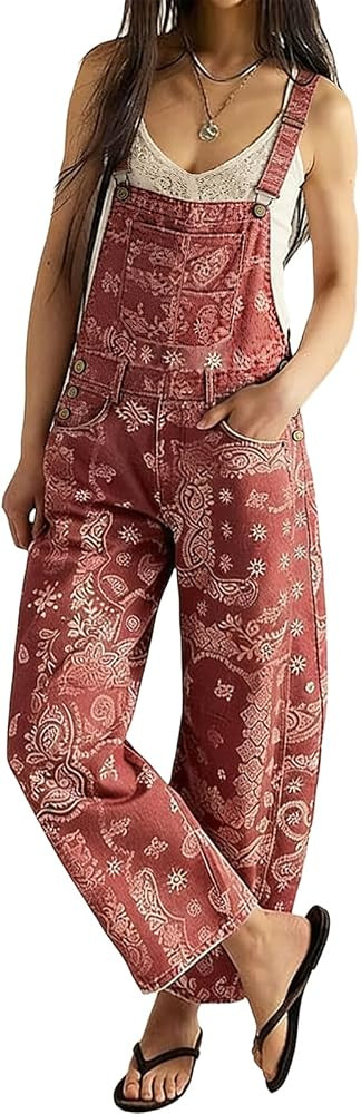 utcoco Overalls For Women Retro Floral Casual Baggy Barrel Jeans Jumpsuit | Amazon (US)