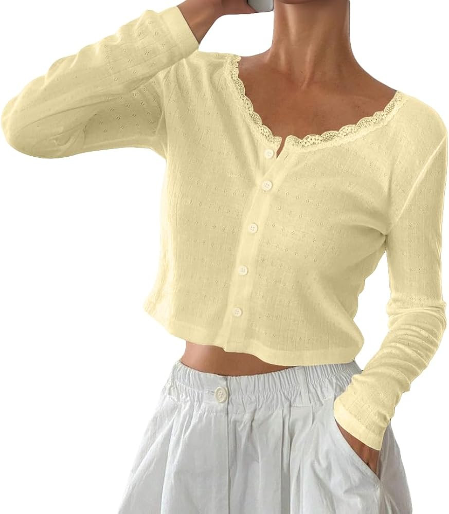 BAIGRAM Women Long Sleeve Button Down Open Front V Neck Crop Cardigan Shirt Y2K Lace Patchwork Po... | Amazon (US)