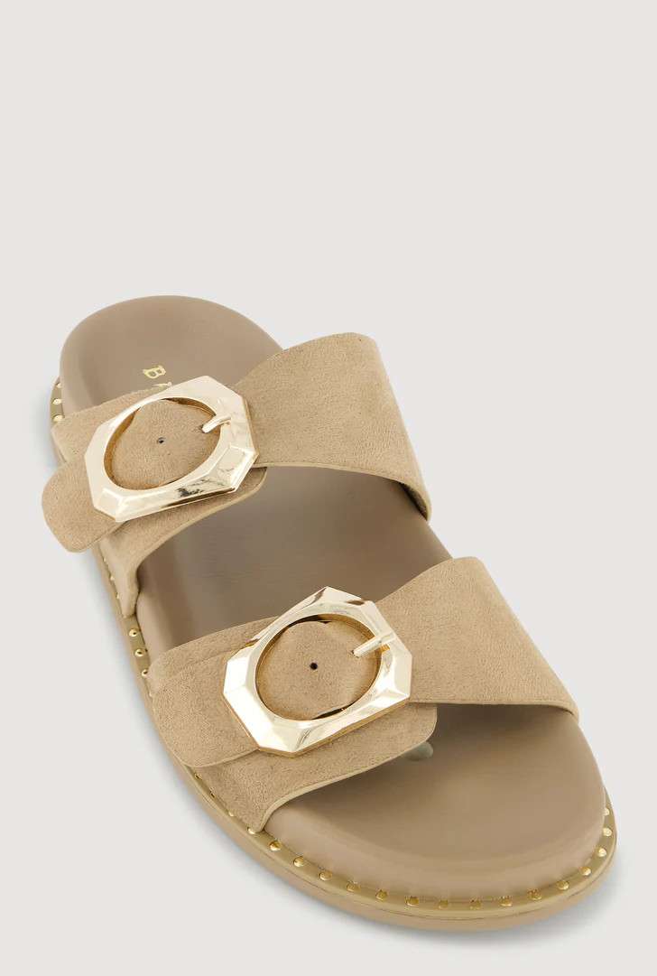 Studded Trim Faux Suede Double Buckle Footbed Slide Sandals | Rainbow Shops