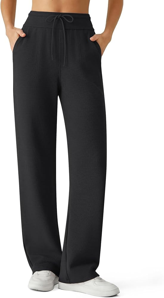 G4Free Women's Waffle Knit Wide Leg Sweatpants – High Waisted with Pockets Casual Straight Leg ... | Amazon (US)