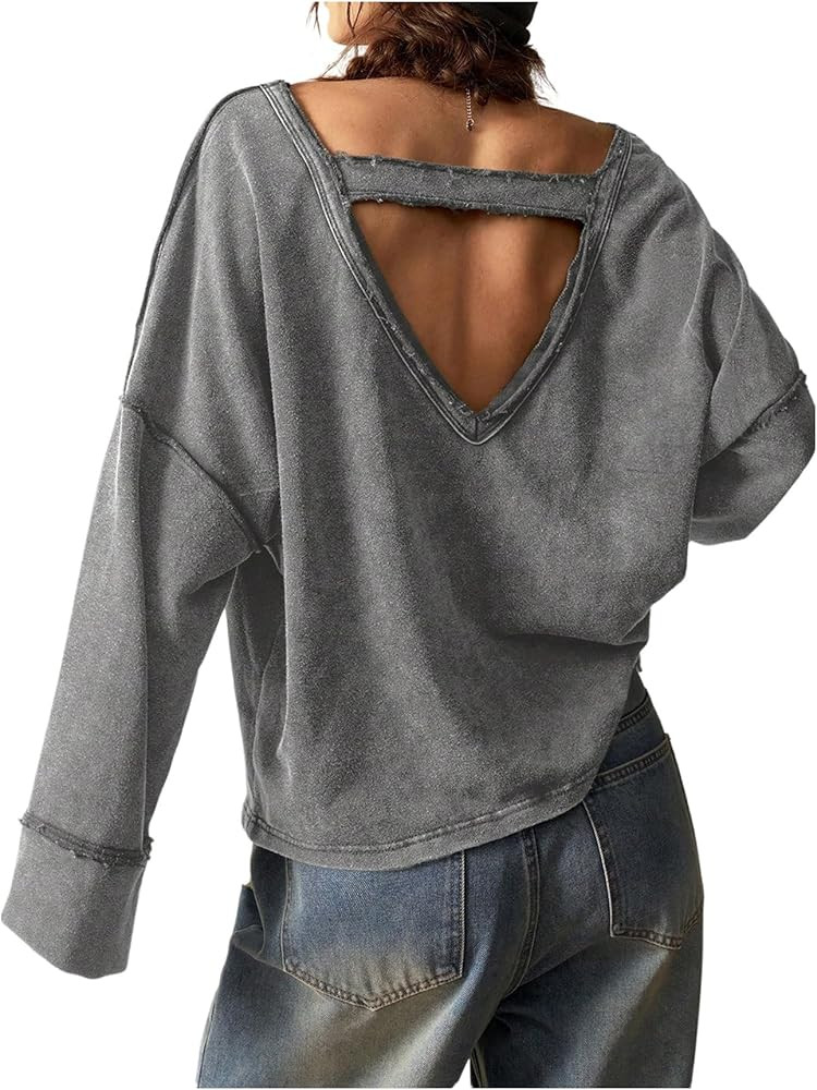 Women's V Neck Cut Out Open Back Sweatshirt Long Sleeve Drop Shoulder Loose Pullovers | Amazon (US)