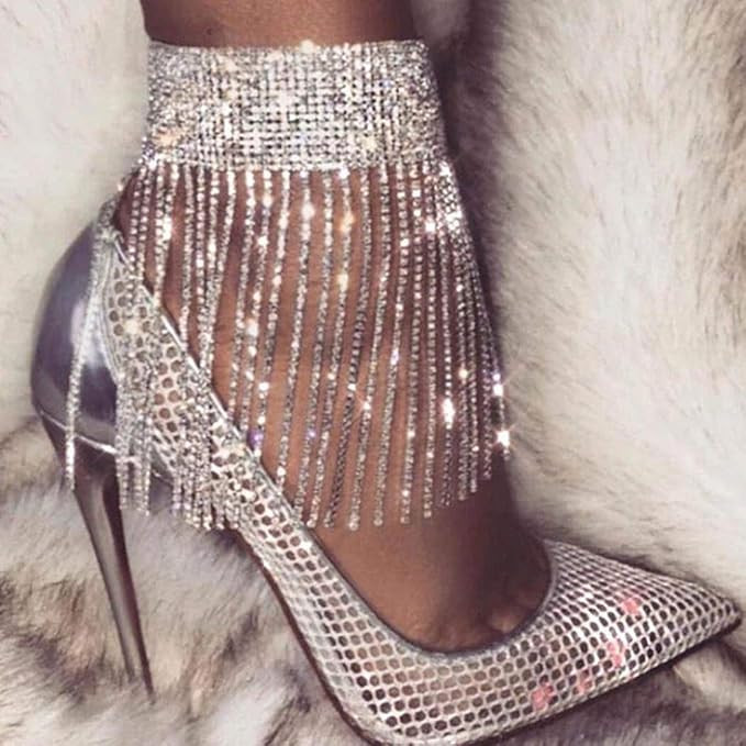 ELABEST Rhinestone Ankle Bracelets Crystal Tassel Anklet 2pcs Glitter Tennis Foot Chain Wedding J... | Amazon (US)