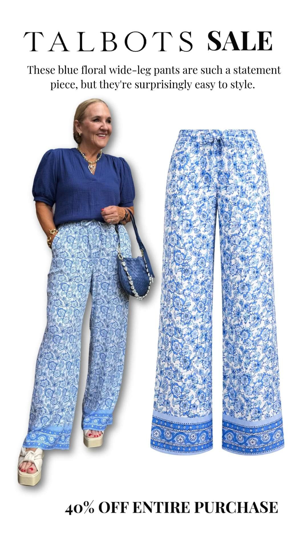 I love the beautiful blue-and-white print paired with a simple navy top—it lets the pants be the star while still looking polished and effortless. 🫶🏻

They're included in the Talbots 40% OFF Entire Purchase Sale! 

 #LTKootd #LTKOver40 #LTKSaleAlert