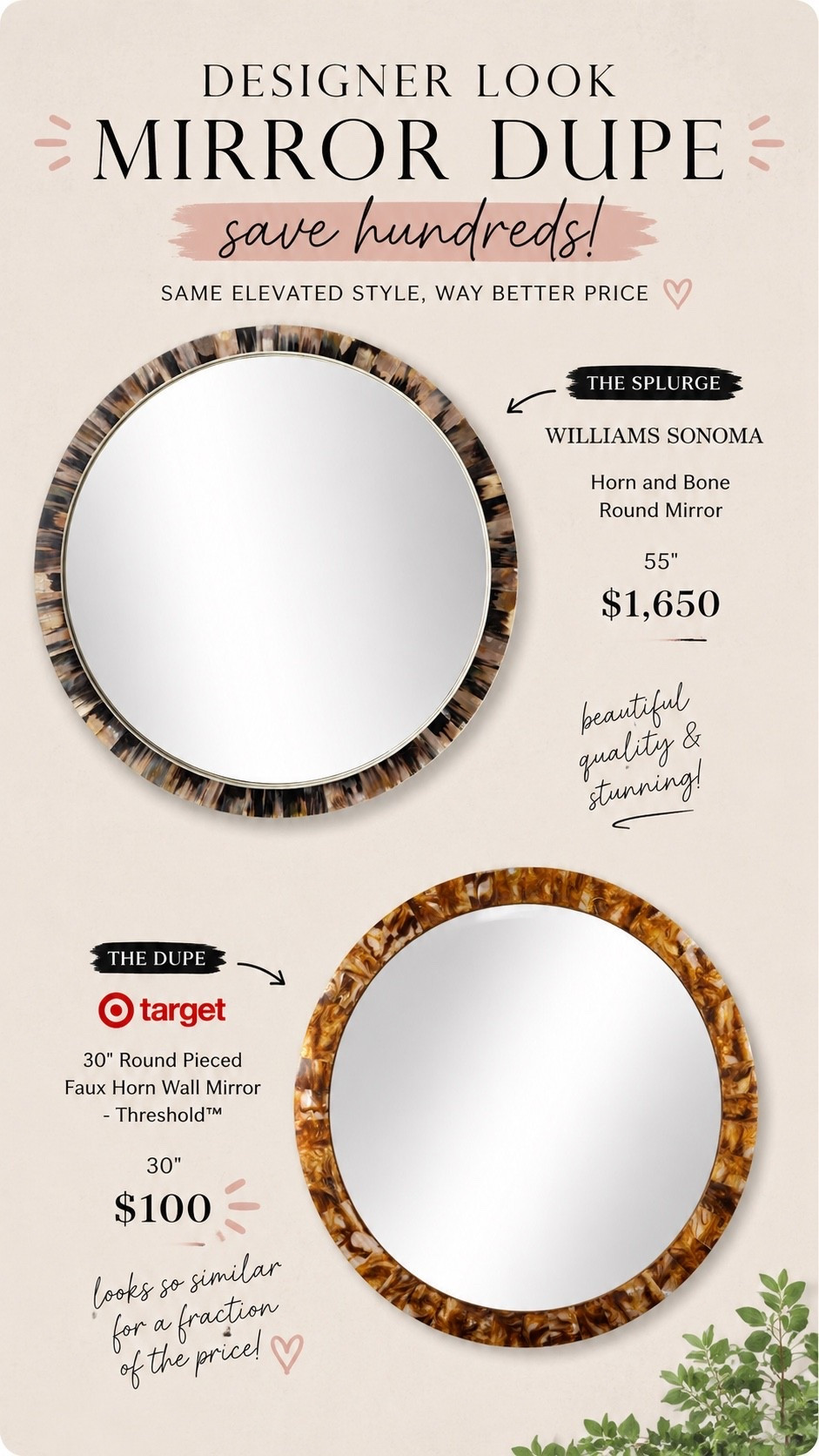 Designer look… without the designer price. 😍

I couldn’t believe how similar these two mirrors are! The Williams Sonoma version is up to $1,650, while Target has a lookalike for just $100. That’s a savings of over $1,500! 🤯

If you’ve been wanting to add a high-end touch to your home without the high-end price tag, this Target find is definitely worth checking out.

#LTKSaleAlert #LTKHome #LTKSeasonal