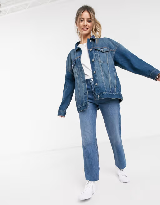 ASOS DESIGN denim oversized jacket in mid wash blue | ASOS (Global)