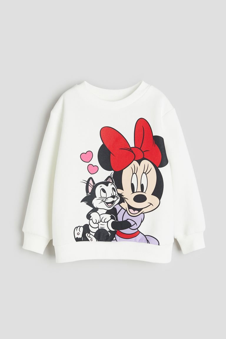 Printed Sweatshirt - Round Neck - Long sleeve - White/Minnie Mouse - Kids | H&M US | H&M (US + CA)