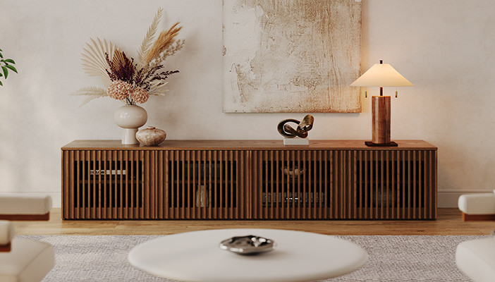 Hernest | 70" Slatted Walnut TV Stand with Storage | Hernest