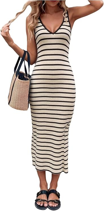 Floerns Women's Striped Deep V Neck Tank Dress Sleeveless Split Knitted Midi Dresses | Amazon (US)