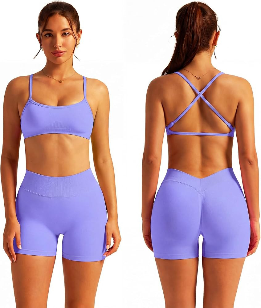 ABOCIW Womens Two Piece Workout Sets Strappy Sports Bra Matching High Waist Biker Shorts Gym Yoga... | Amazon (US)