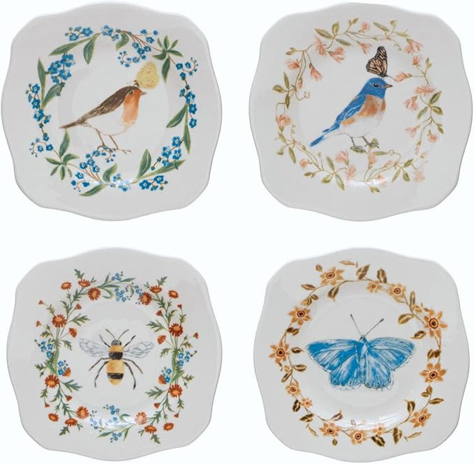Scalloped Stoneware Plate with Insects, Birds & Flowers, Multi Color, 4 Styles by Creative Co-Op | Amazon (US)