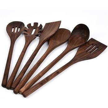 6 PCS Wooden Kitchen Utensils Set, Black Walnut Wood Long Handle Spoons and Spatula Set for Cooki... | Amazon (US)