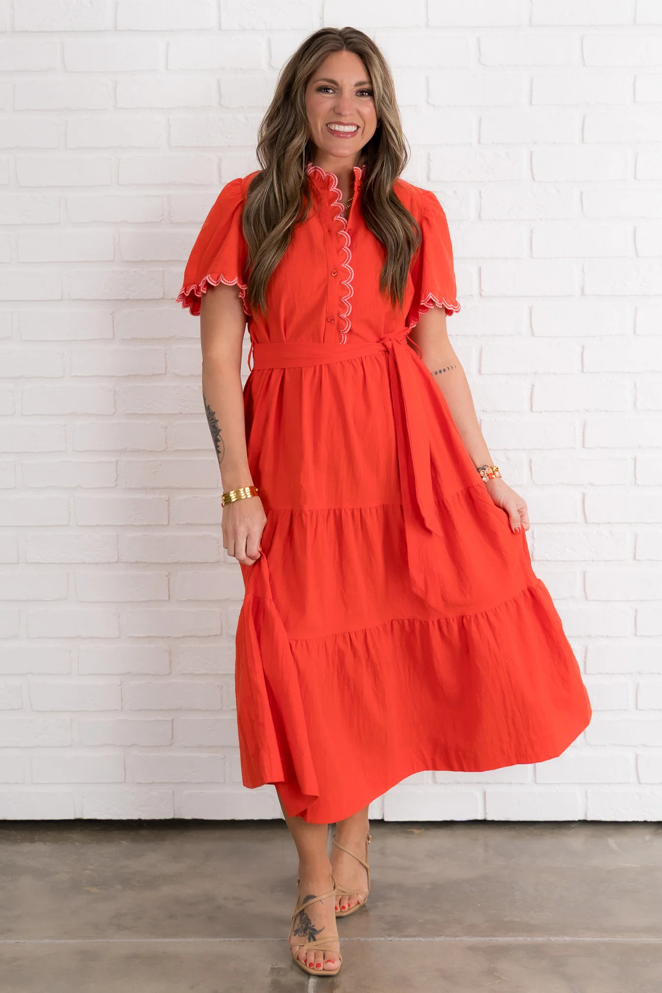 Villa Red Orange Button Down Midi Dress | The Willow Tree