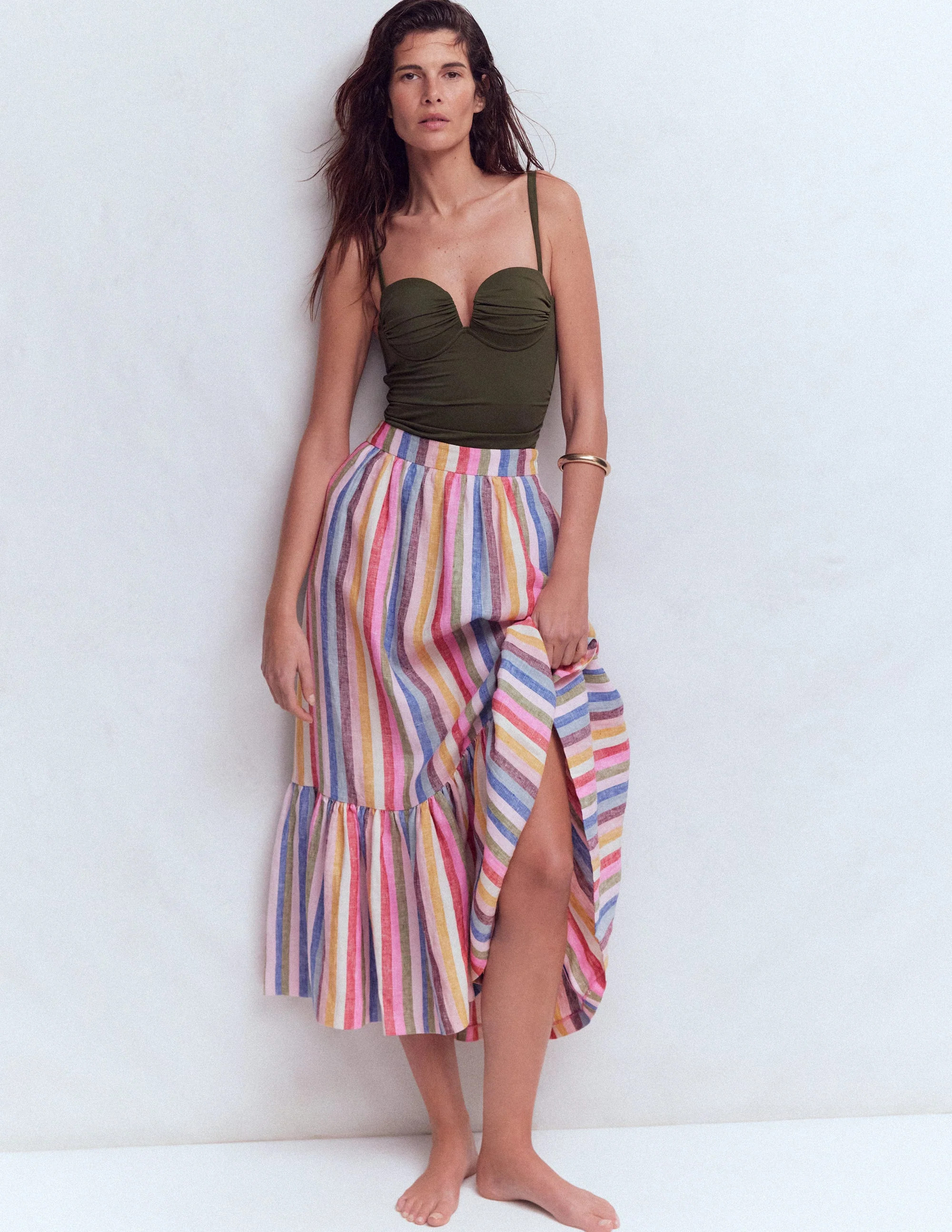 Abigail Maxirock aus Leinen-Ackerbohnengr\u00fcn/Pink, Gestreift | Boden DE