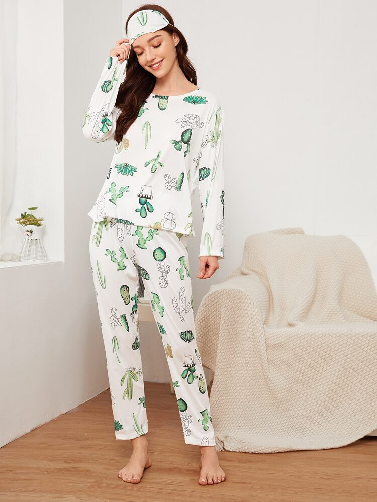 Cactus Print Pajama Set With Eye Cover | SHEIN