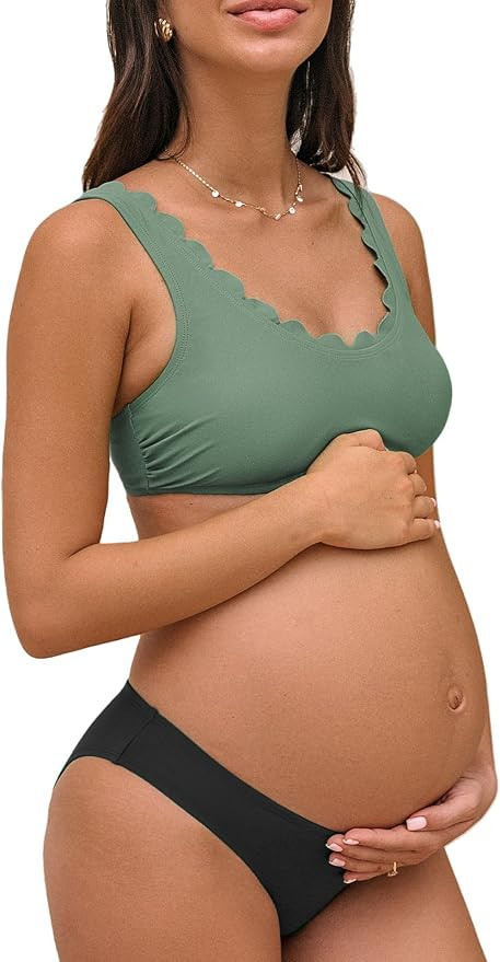 CUPSHE Women's Maternity Bikini Sets Pregnancy Swimsuit Low Rise Scalloped Scoop Neck Adjustable ... | Amazon (US)