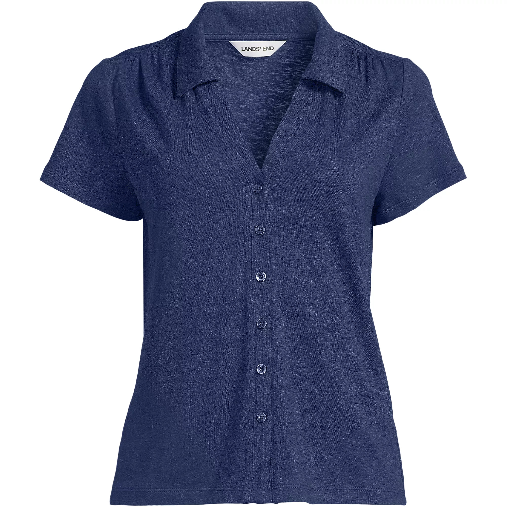 Women's Linen Blend Short Sleeve Button Front Polo Top | Lands' End (US)