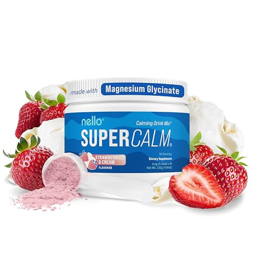 Nello Supercalm Powdered Drink Mix Tub, Cortisol Reducer* and Sleep Aid Supplement, L Theanine, Ksm-66 Ashwagandha, Magnesium Glycinate, Vitamin D 3, No Sugar, Non GMO, 30 Ct, Strawberries & Cream | Amazon (US)