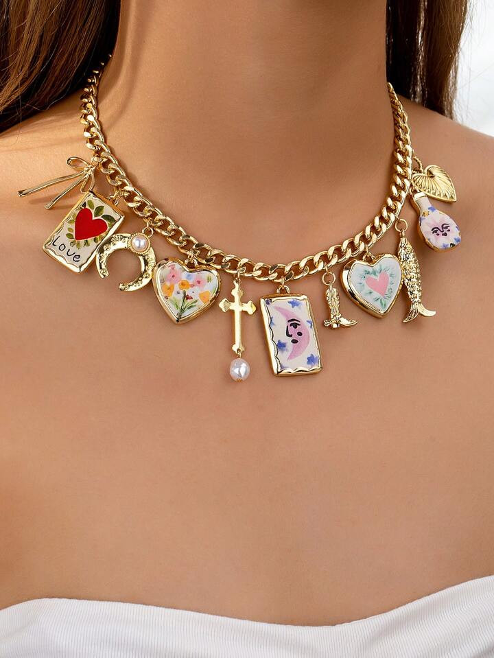 1 Pc Cross Bow Heart Charm Necklace , Painted Metal Charms Necklace Jewelry For Women , Funky Sta... | SHEIN