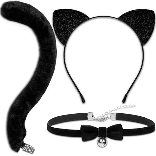 MUKOSEL Cat Ears Headband and Tail Bell Collar Set, Cat Costumes for Women Black Cat Ears and Tail Set, Cat Costume Accessories Halloween Party Cosplay Costumes Set for Adults Women | Amazon (US)
