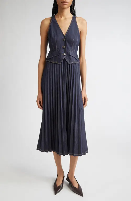 Cinq à Sept Esther Sleeveless Pleated Denim Midi Dress in Indigo at Nordstrom, Size 4 | Nordstrom