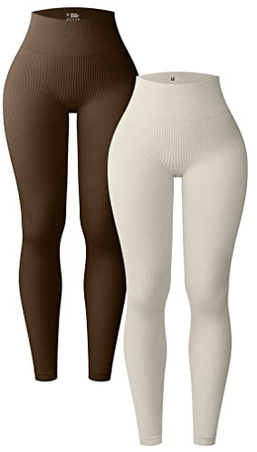 OQQ Women's 2 Piece Yoga Leggings Ribbed Seamless Workout High Waist Athletic Pants Coffee Beige | Amazon (US)