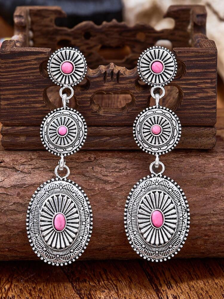 MONLOTTI 1pair Women's New Boho Jewelry,Vintage Western Cowgirl Style Jewelry,Inlaid Red Turquoise Totem Carved Alloy Pendant Women's Earrings | SHEIN