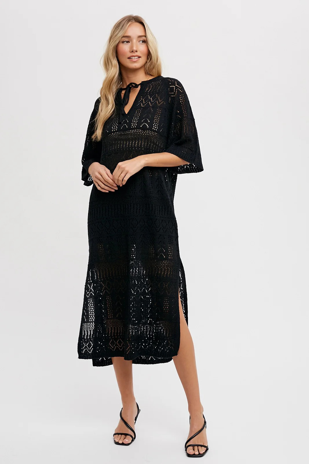 Black Open Knit Front Tie Side Slit Midi Swim Cover Up | PinkBlush Maternity