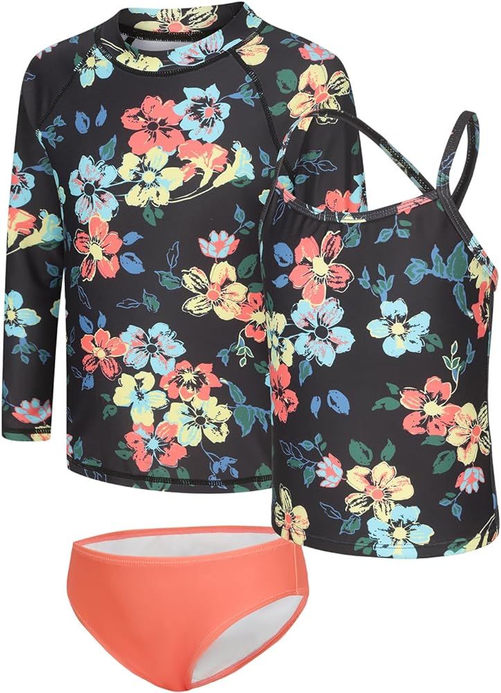 Girls 3 Piece Swimsuits Set Long Sleeve Rash Guard Tankini Bathing Suits for Girls Beach Swimwear... | Amazon (US)