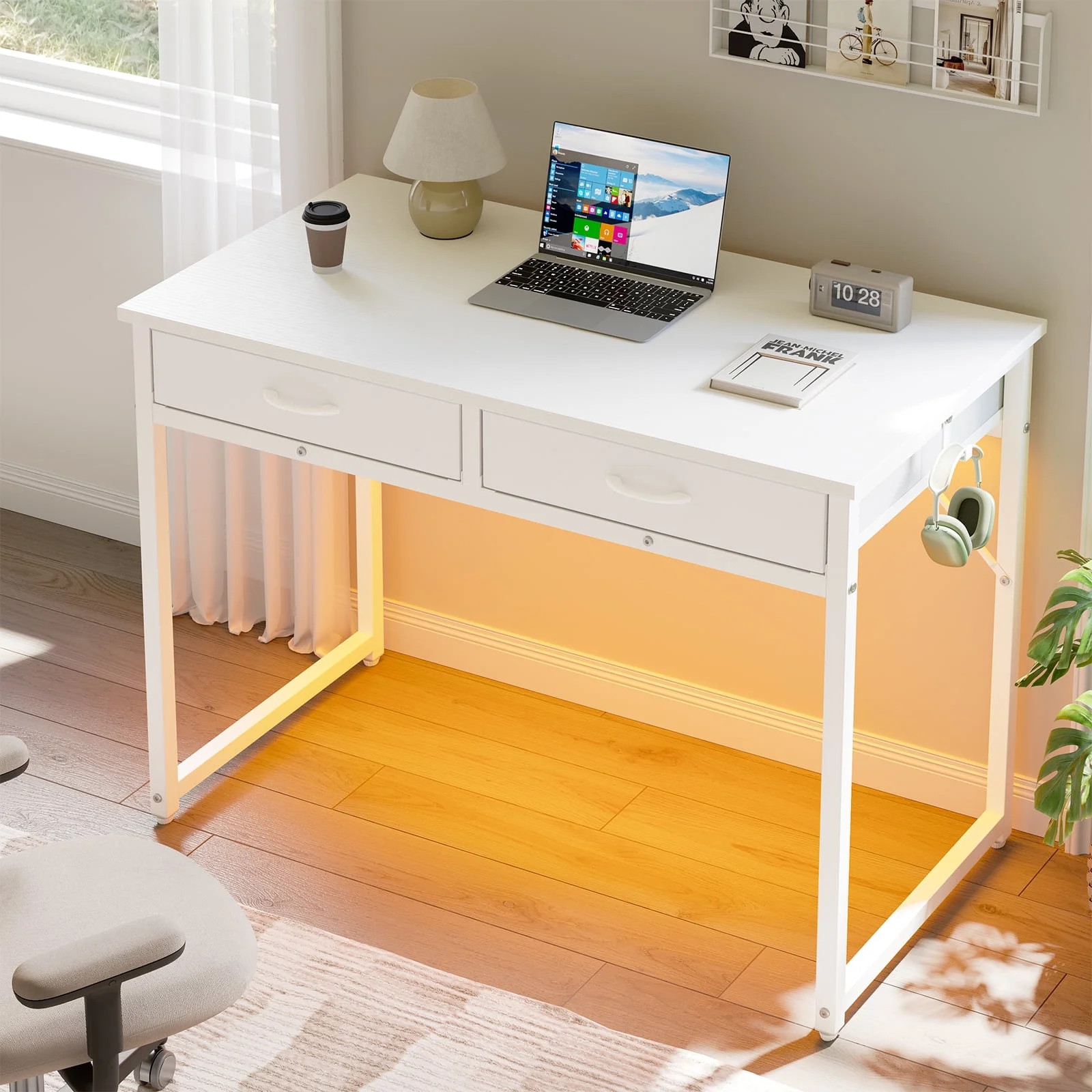 Pinmoco 42 inch Small Desk Computer Desk with Fabric Drawers& RGB LED Light, Writing Desk, White ... | Walmart (US)
