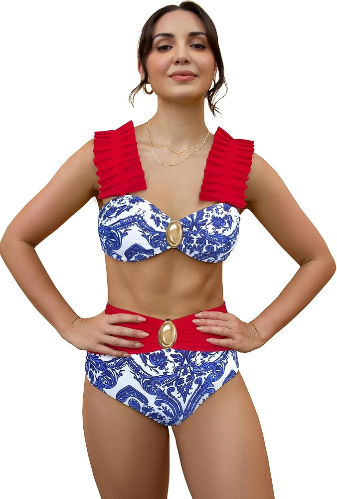 SPORLIKE Women Ruffle High Waisted Swimsuit Adjustable Straps Bikini Padded Bathing Suit | Amazon (US)