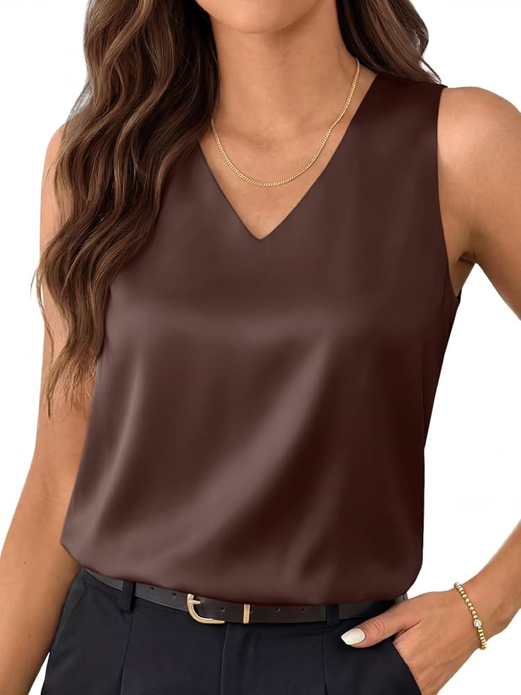 LILLUSORY Women Silk Satin Tank Top V Neck Summer Blouse Sleeveless Shirt Business Casual Dressy ... | Amazon (US)