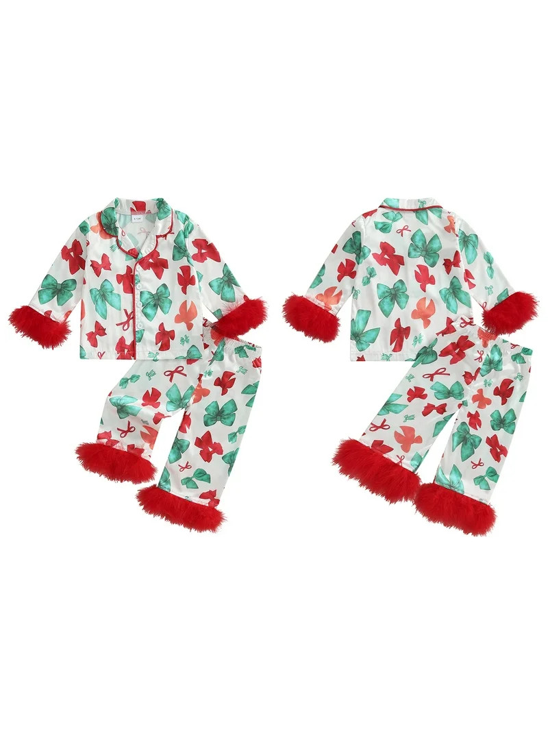 BemeyourBBs Girls Christmas Pajamas Long Sleeve Red Green Bow Print Shirt + Pants | Walmart (US)