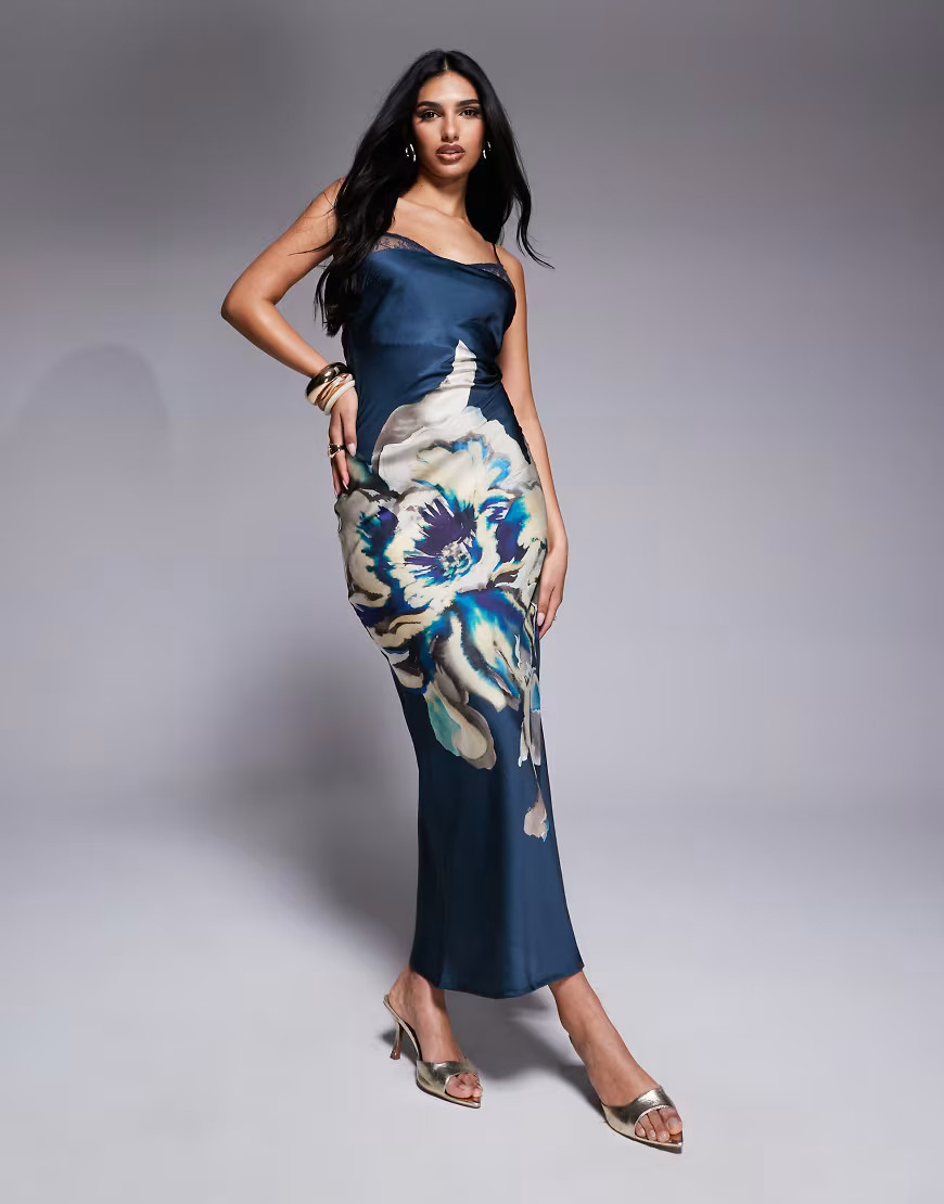 ASOS DESIGN lace insert satin maxi dress with tie back in overblown floral print-Blue | ASOS (Global)
