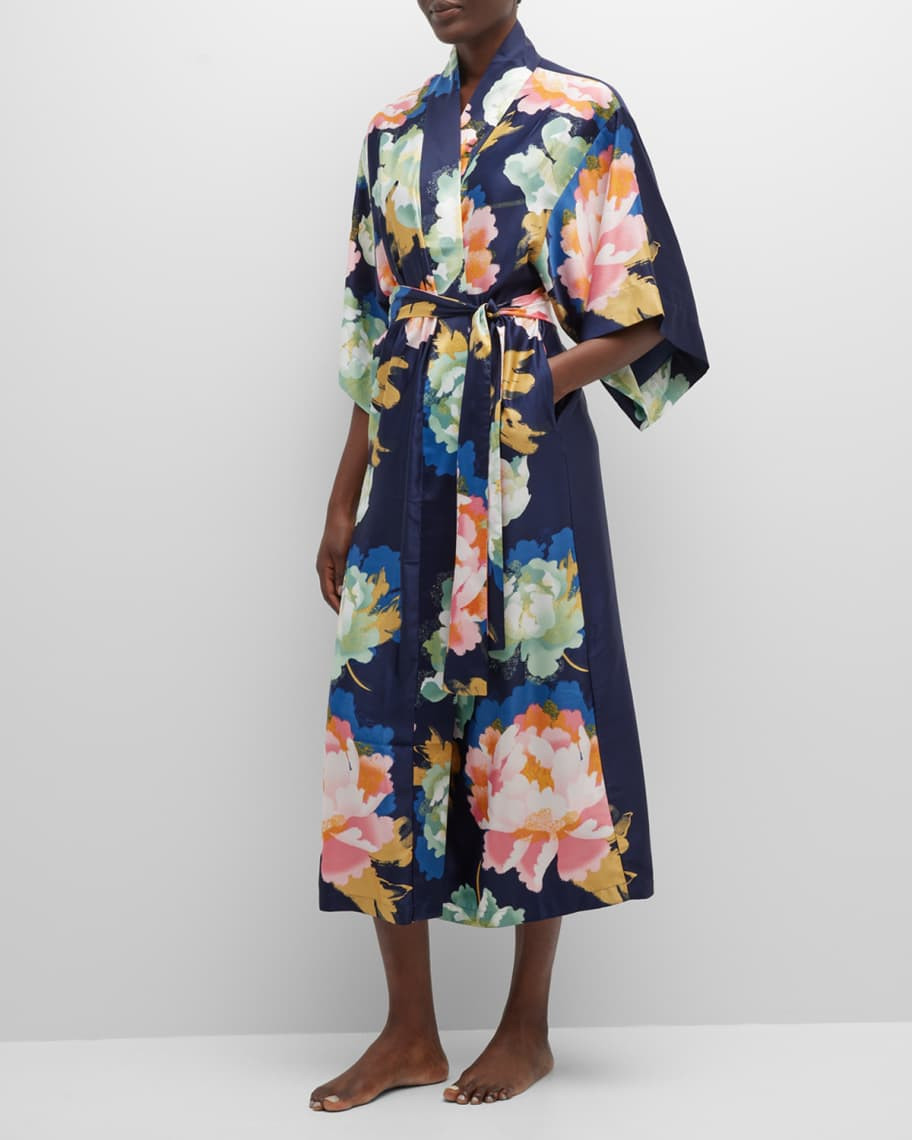 Natori Hanami Long Floral-Print Satin Robe | Neiman Marcus
