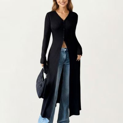 Anna-Kaci Women's Long Sleeve Maxi Cardigan with Button Front and Deep Side Slit - X Large, Black | Target