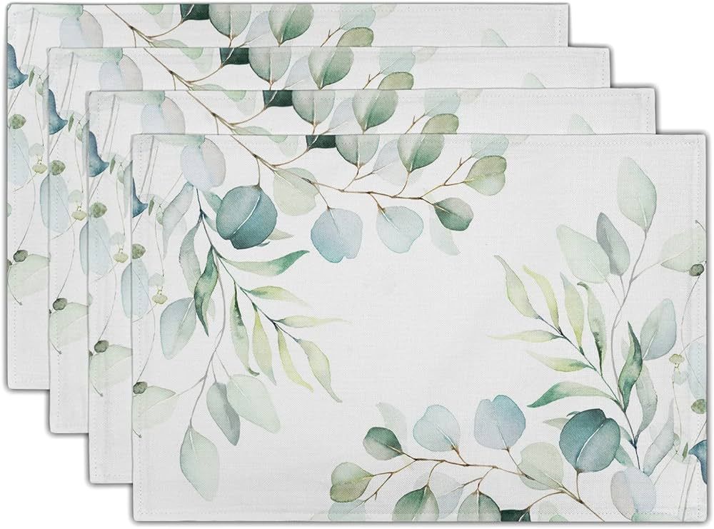 Sage Green Placemats Set of 4 Washable Non-Slip Heat Resistant 12×18 Inch Spring Watercolor Euca... | Amazon (US)