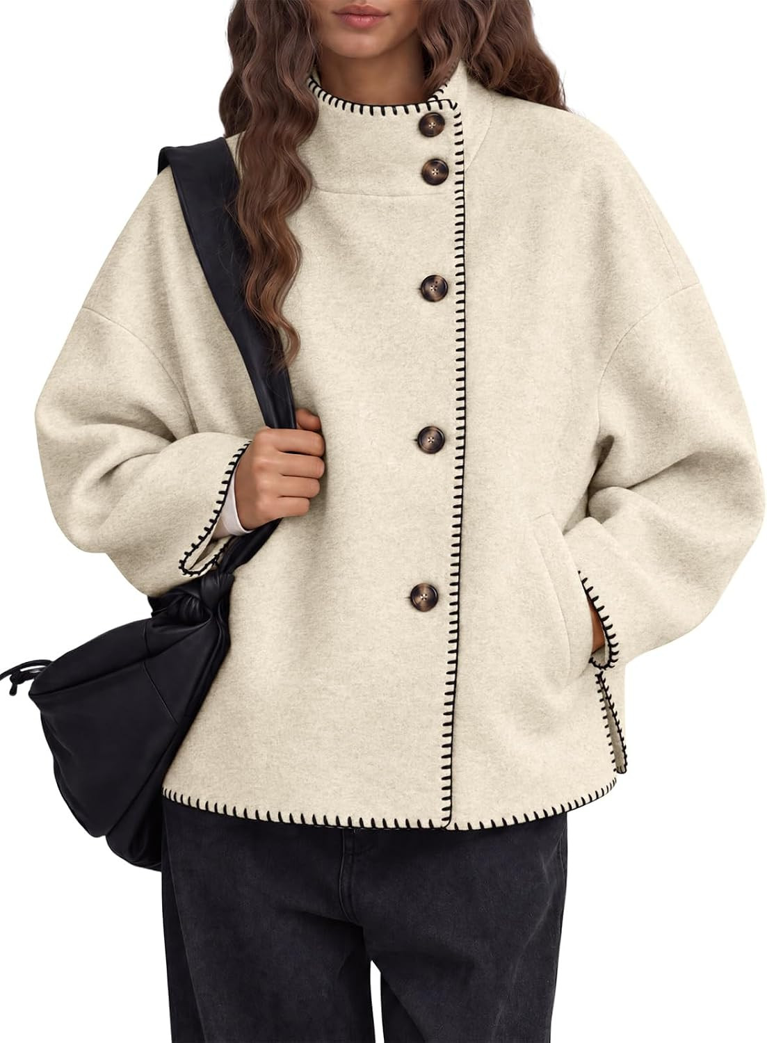 Tankaneo Womens Cropped Pea Coats Oversized Stand Collar Winter Wool Coat | Amazon (US)