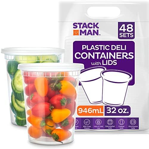 Stack Man [48 Pack, 32 oz] Plastic Deli Food Storage Soup Containers With Airtight Lids, Freezer Saf | Amazon (US)