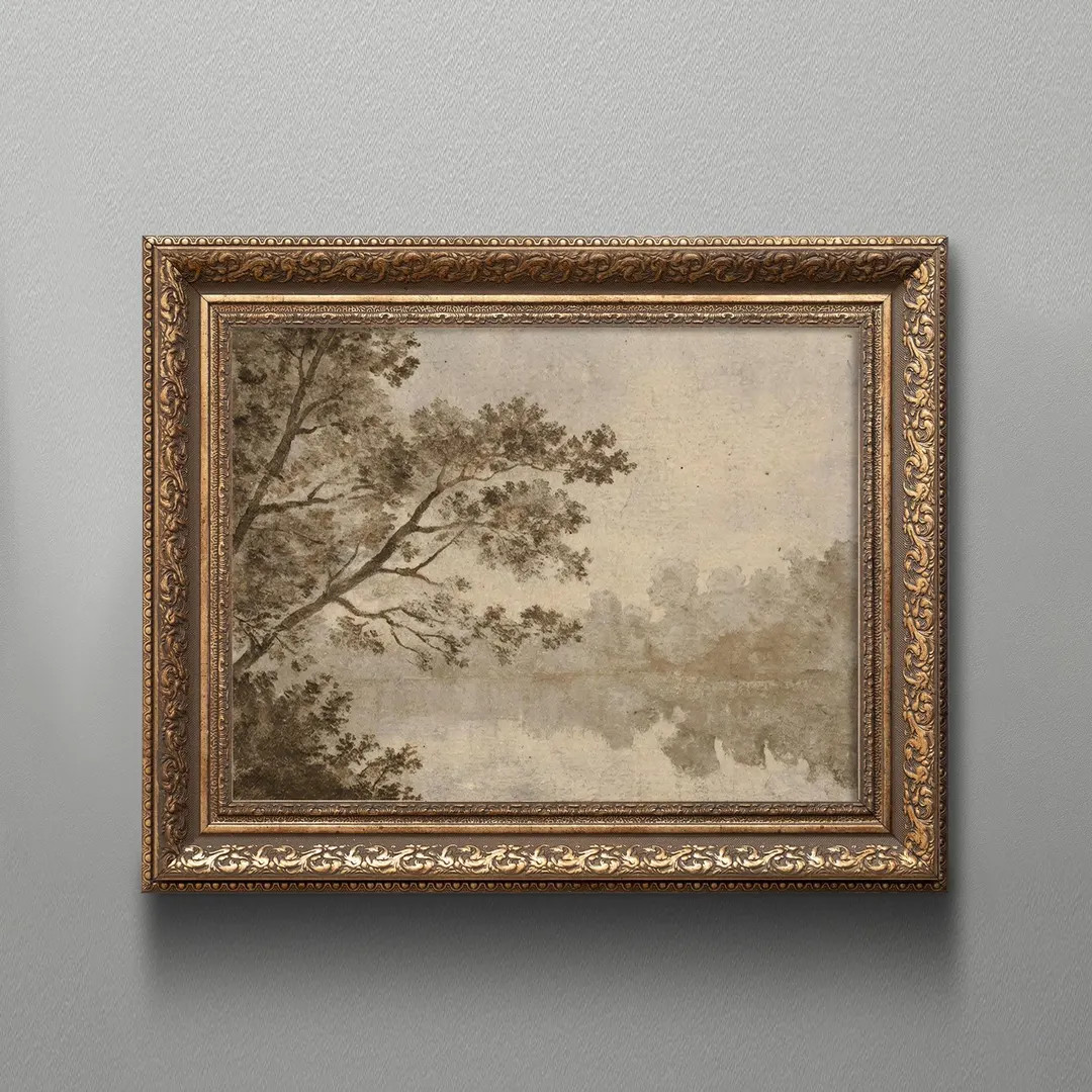 Framed Sepia Landscape Print, Vintage Tree Sketch, Ornate Gold Frame | Etsy (US)