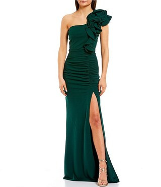 Honey and Rosie One Shoulder Ruffle Ruched Side Slit Long Dress | Dillard's | Dillard's