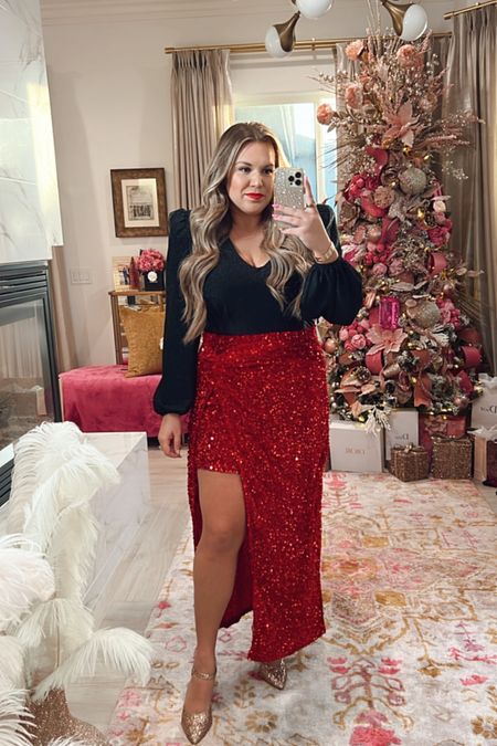 curvy red holiday look! wearing size 14 in red sequin skirt and linking a similar bodysuit! 

#LTKsalealert #LTKHoliday #LTKcurves