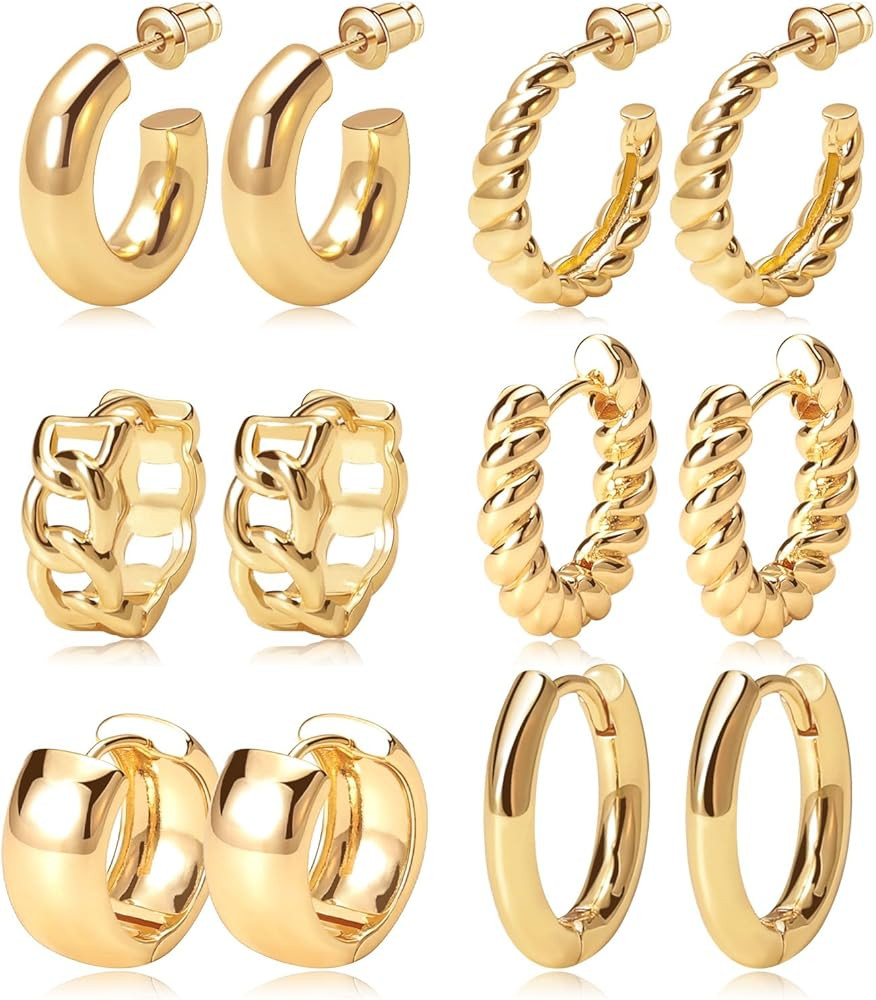 Gold Hoop Earrings Set 14k Gold Plated Huggie Earrings Hypoallergenic Chunky Twisted Thick Jewelr... | Amazon (US)