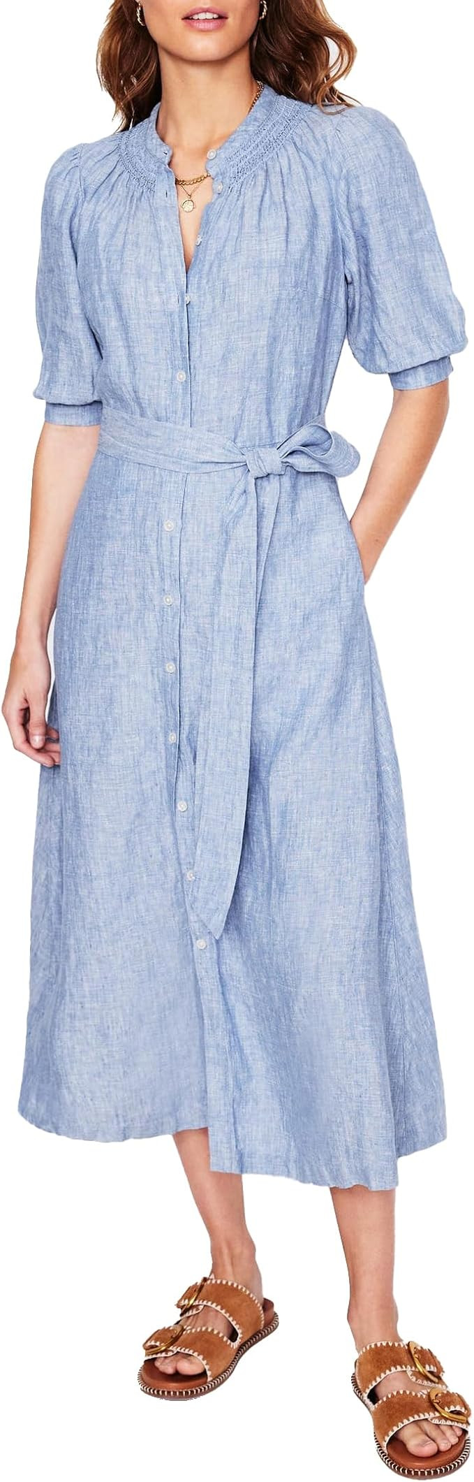 Women's Cotton Linen Midi Dress Button Down A Line Flowy Summer Holiday Long Dress with Belt | Amazon (US)