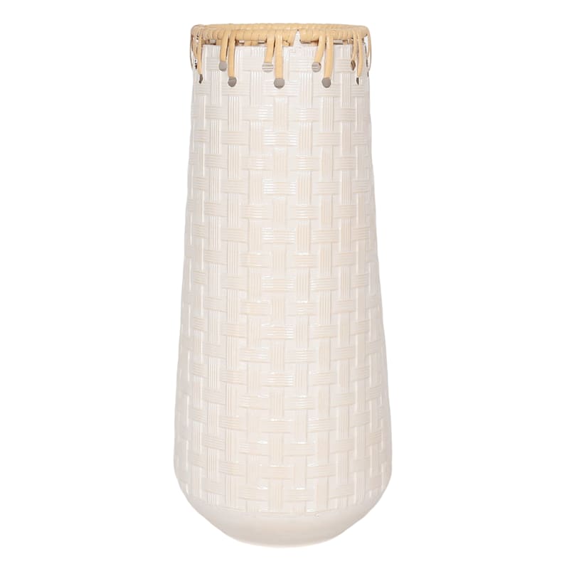 White Metal & Rattan Basketweave Vase, 16" | At Home