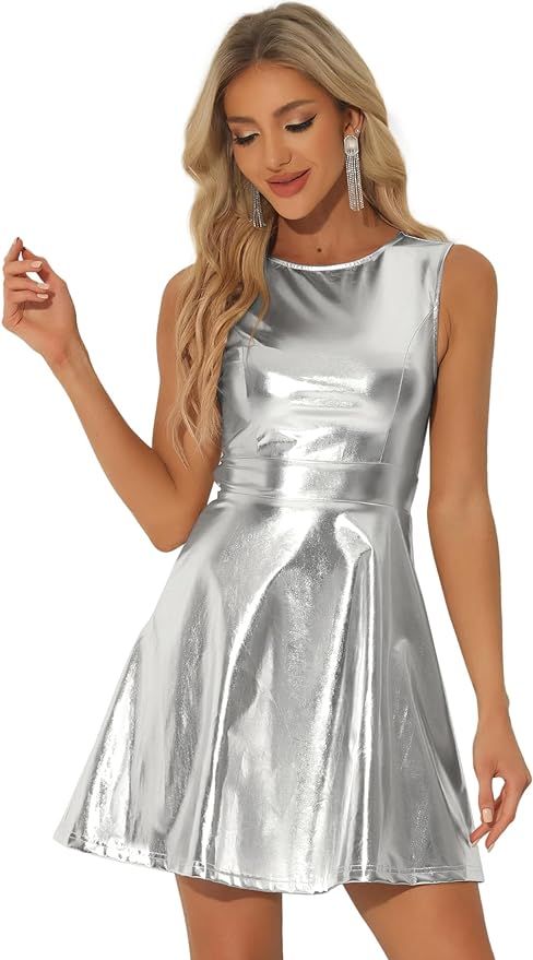 Allegra K Women's Metallic Sleeveless High Waist Club Party Disco Holographic Dress | Amazon (US)
