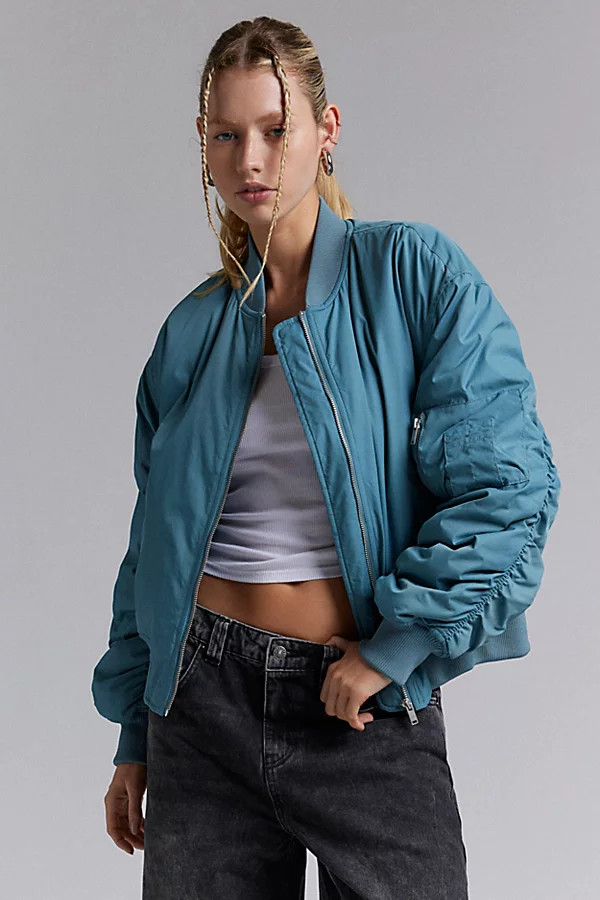 BDG Charlie Barrel Sleeve Bomber Jacket in Blue, Women's at Urban Outfitters | Urban Outfitters (US and RoW)