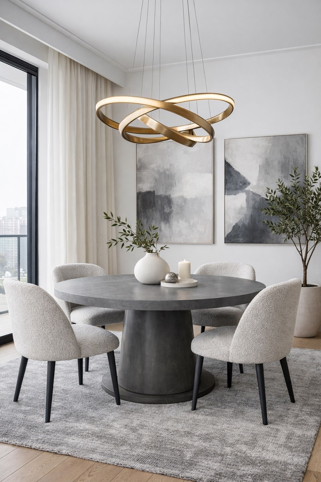 Elegant modern dining room featuring a round pedestal dining table, soft upholstered chairs and a sculptural gold chandelier. Neutral tones, natural textures and large windows create a sophisticated and minimalist space perfect for contemporary home interiors and stylish dining inspiration.

#moderndiningroom
#diningroomdesign
#rounddiningtable
#modernhome
#interiordesign
#neutraldecor
#luxuryinterior
#diningroomdecor
#pinteresthome
#moderninterior
#homedecor
#minimalisthome
#ltkhome
#contemporarydesign
#homeinspiration