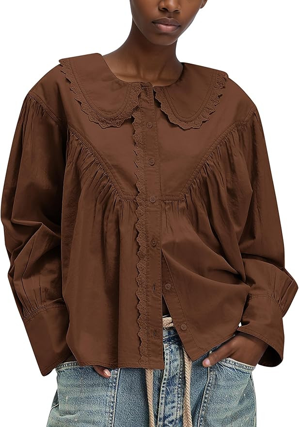 Women's Peter Pan Collar Shirt Lace Trim Button Down Blouses | Soft Cotton Fabric, Loose Fit Silh... | Amazon (US)