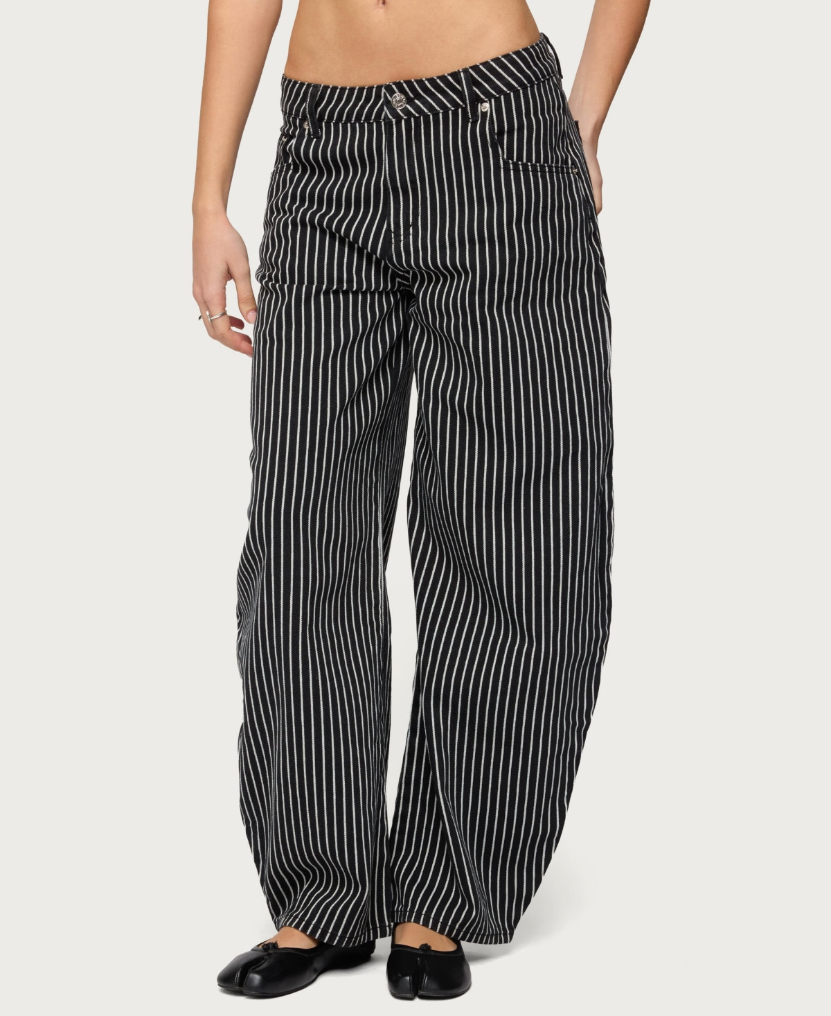 Edikted Women's Pinstripe Low Rise Barrel Leg Jeans - Black-and-white | Macy's